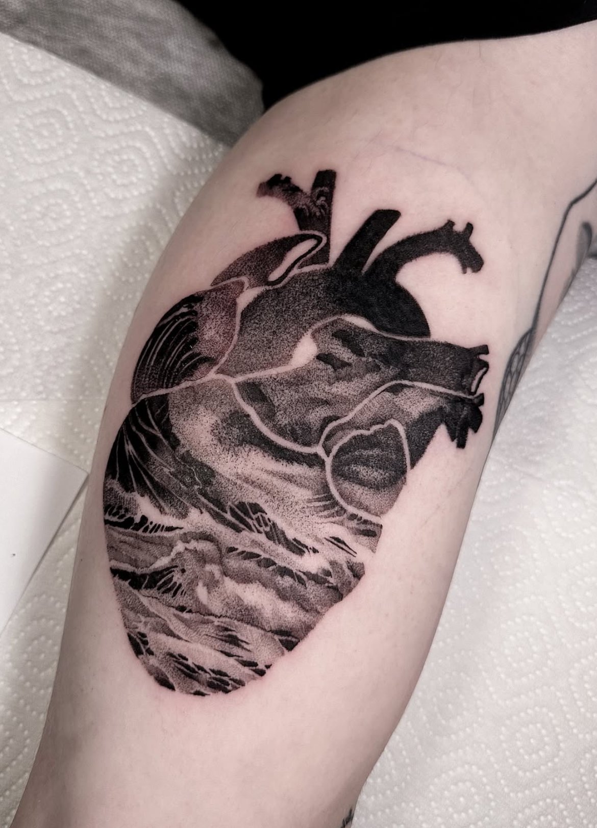 Arsen’s anatomical heart tattoo containing an ocean and mountain landscape